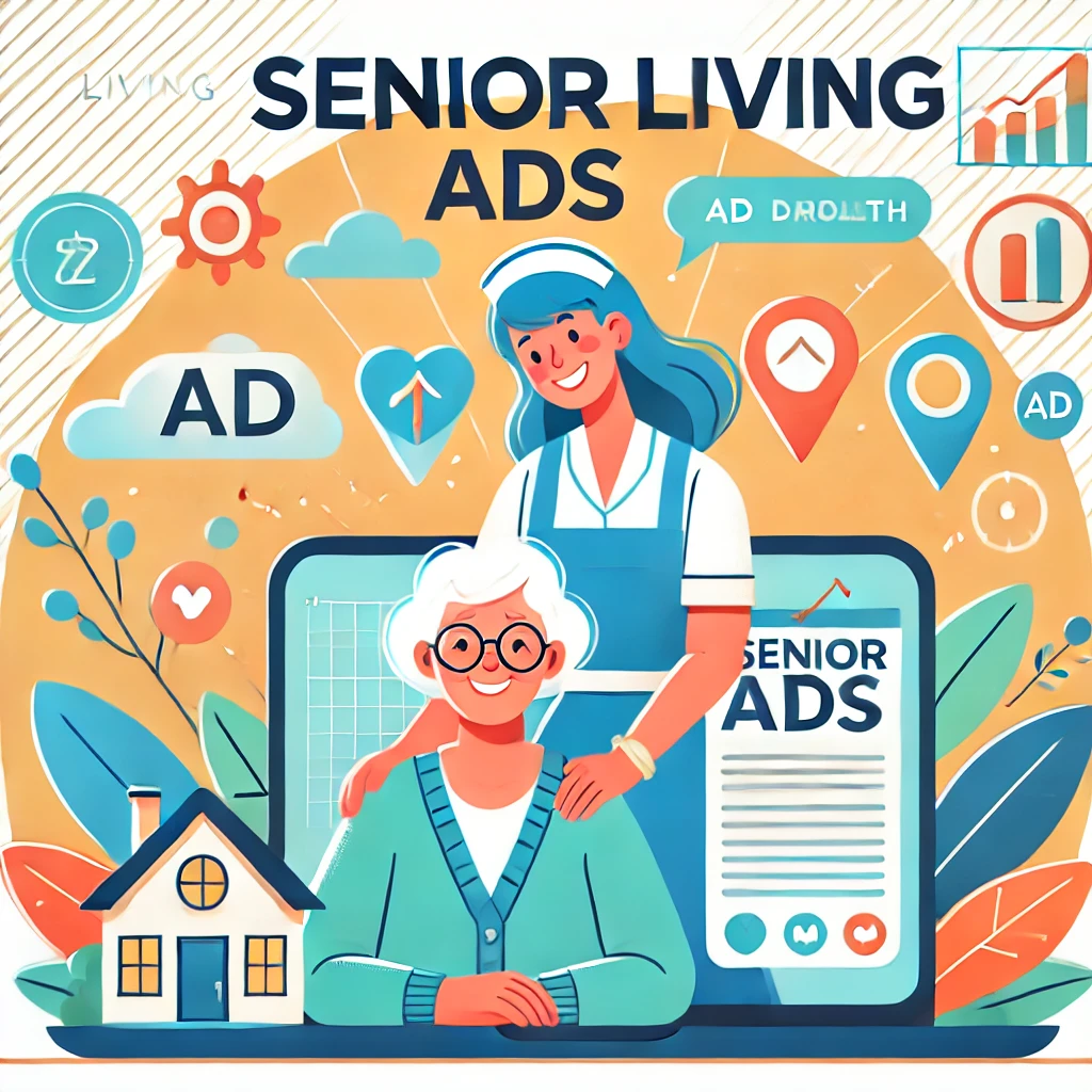 DALL·E 2025 08 17 05.06.21 A bright modern cartoon style marketing graphic for SENIOR LIVING ADS with the text Senior Living Ads large bold and easy to read at the top. U