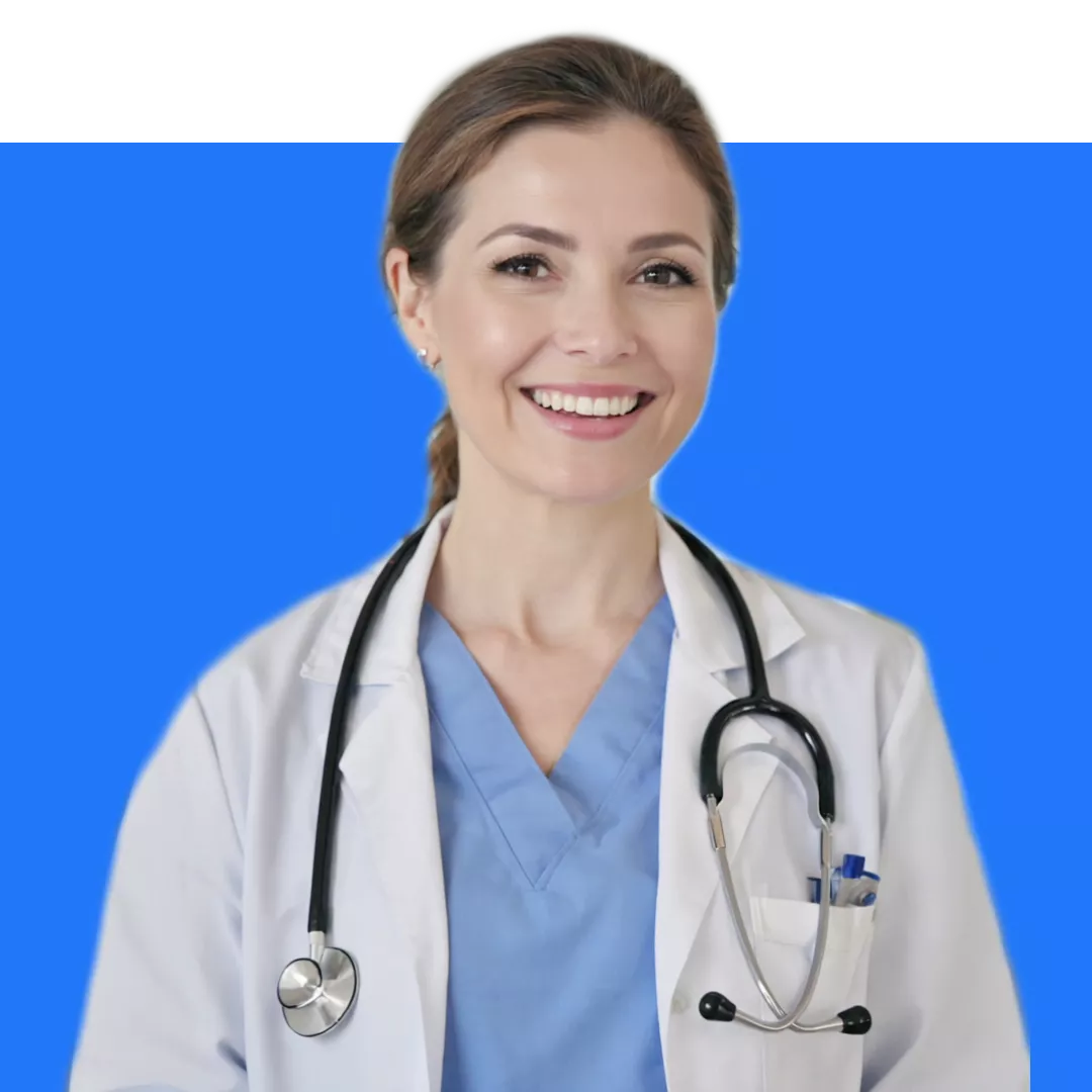STETHON: ▷ Med Spa Marketing Agency For Lasting Growth 6 Testimonial from a female doctor for Stethon Medical Spa Marketing Agency with a blue background