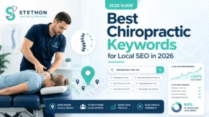 Best Chiropractic Keywords for Local SEO in 2026 3 Chiropractor performing a spinal adjustment beside a Google search for "chiropractor near me" showing local keyword suggestions and a rising local SEO performance chart.