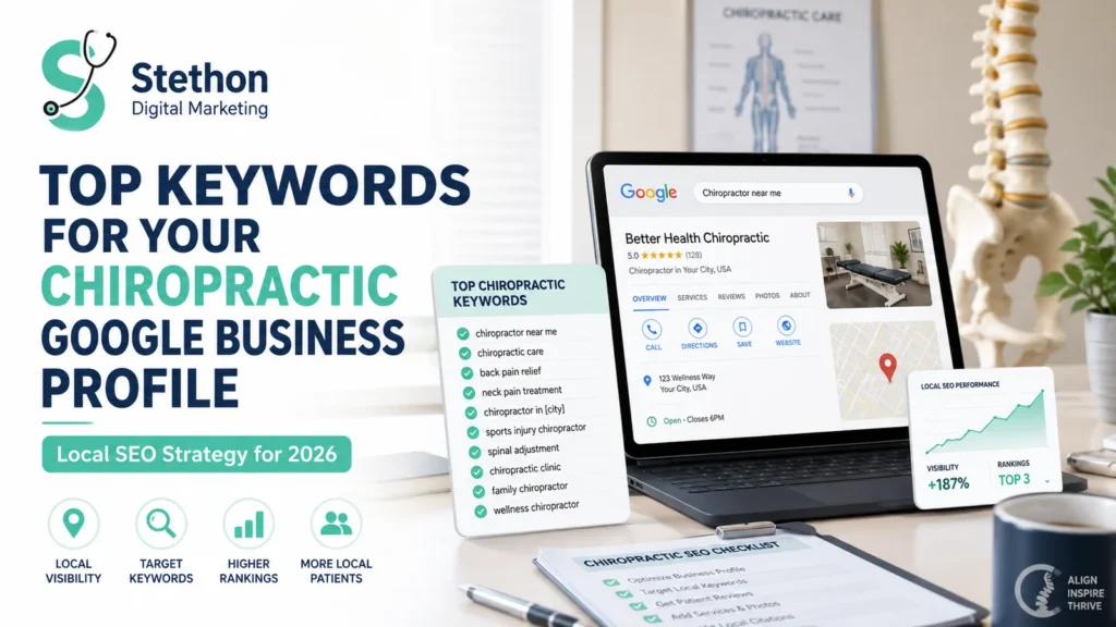 Best Chiropractic Keywords for Local SEO in 2026 5 Laptop showing a chiropractic Google Business Profile in local search results next to a checklist of top chiropractic keywords and a local SEO performance card for 2026.
