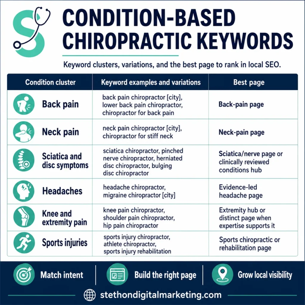 Best Chiropractic Keywords for Local SEO in 2026 4 Infographic of condition-based chiropractic keyword clusters for back pain, neck pain, sciatica and disc symptoms, headaches, knee and extremity pain, and sports injuries, with keyword examples and the best page for each cluster.
