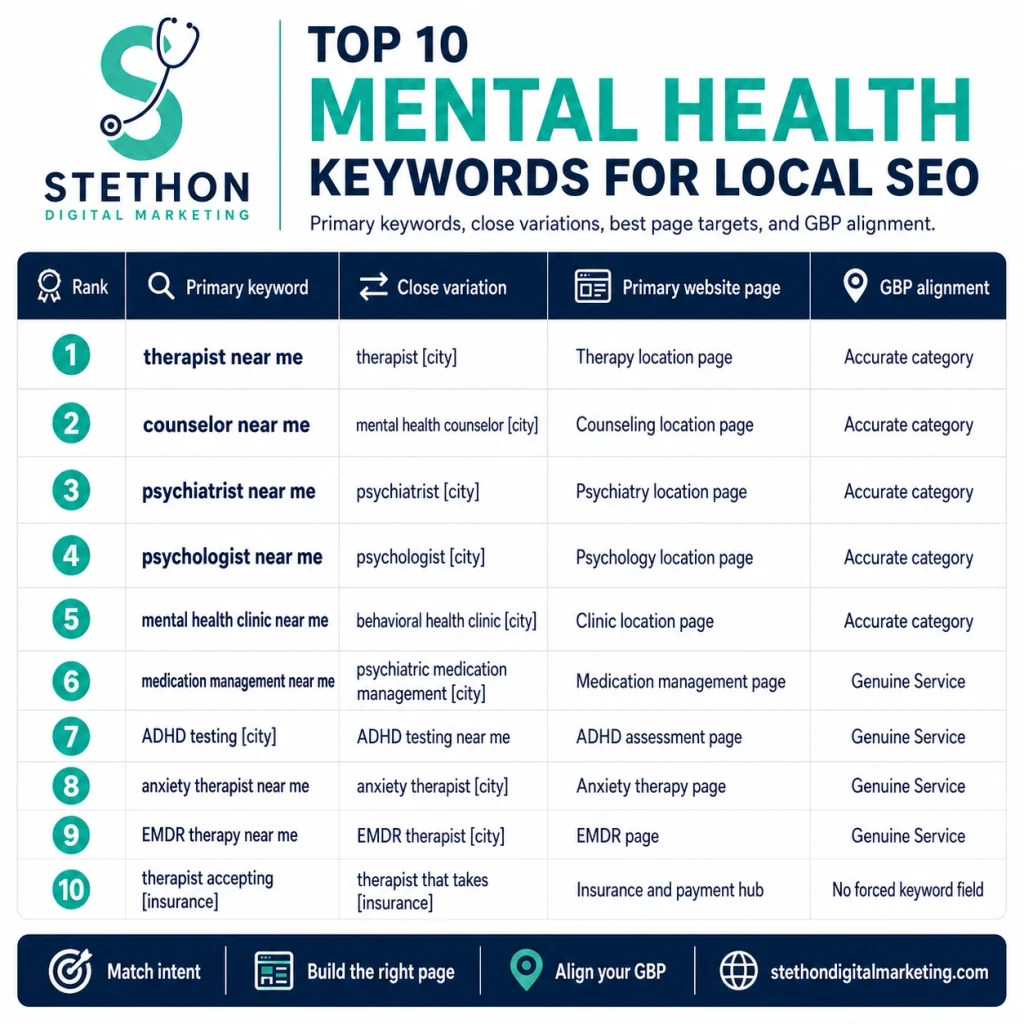 Table of the top 10 mental health keywords for local SEO, listing each priority keyword with its close variation, the primary website page that should rank for it, and the matching Google Business Profile category or Service.