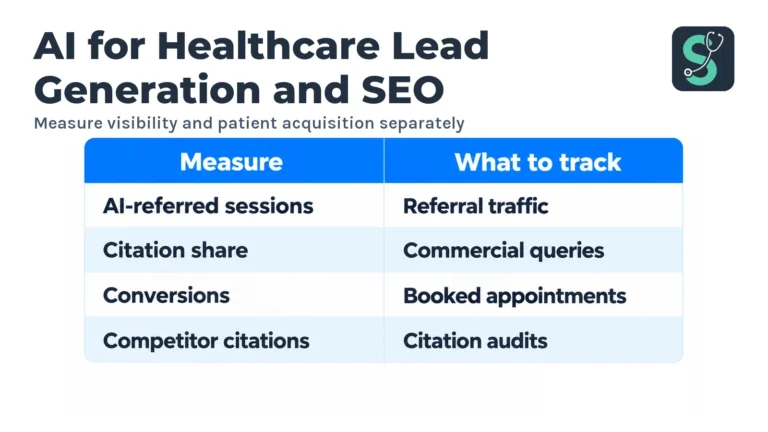 AI for Healthcare Lead Generation and SEO in 2026 5 Measure visibility and patient acquisition separately table for AI for Healthcare Lead Generation and SEO.