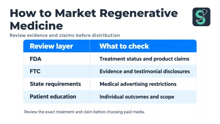 How to Market Regenerative Medicine in 2026 (Compliant) 4 Review evidence and claims before distribution table for How to Market Regenerative Medicine.